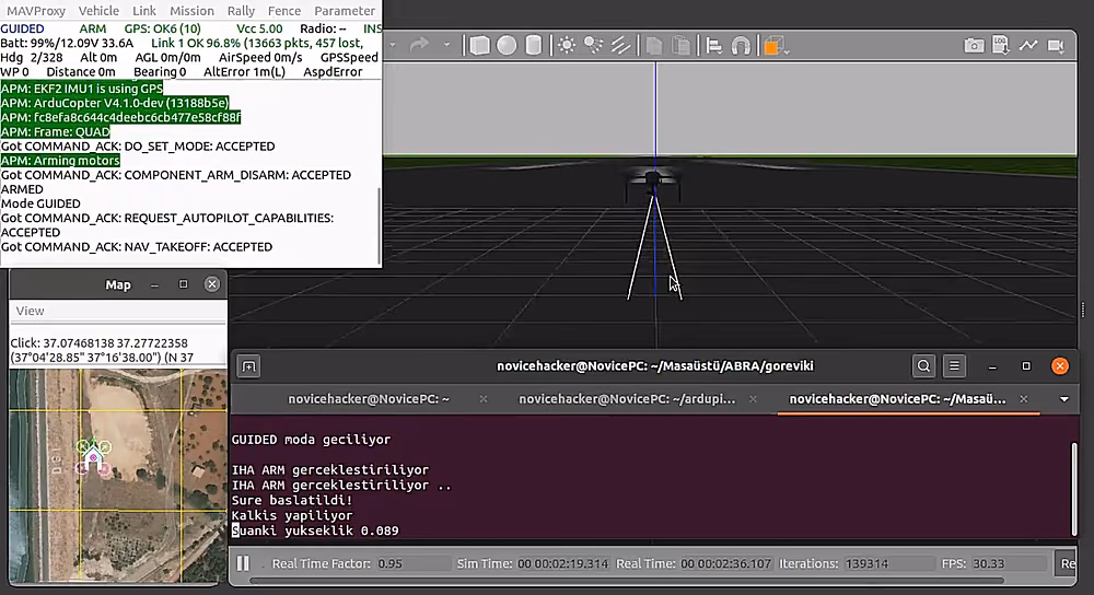 MAVProxy, Gazebo ve terminal pencereleriyle otonom görev simülasyonu ekranı