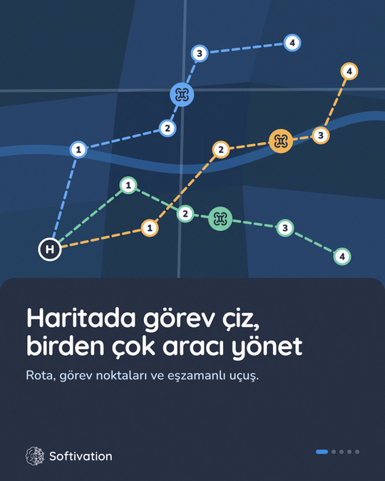 Haritada üç aracın görev rotaları ve görev noktaları